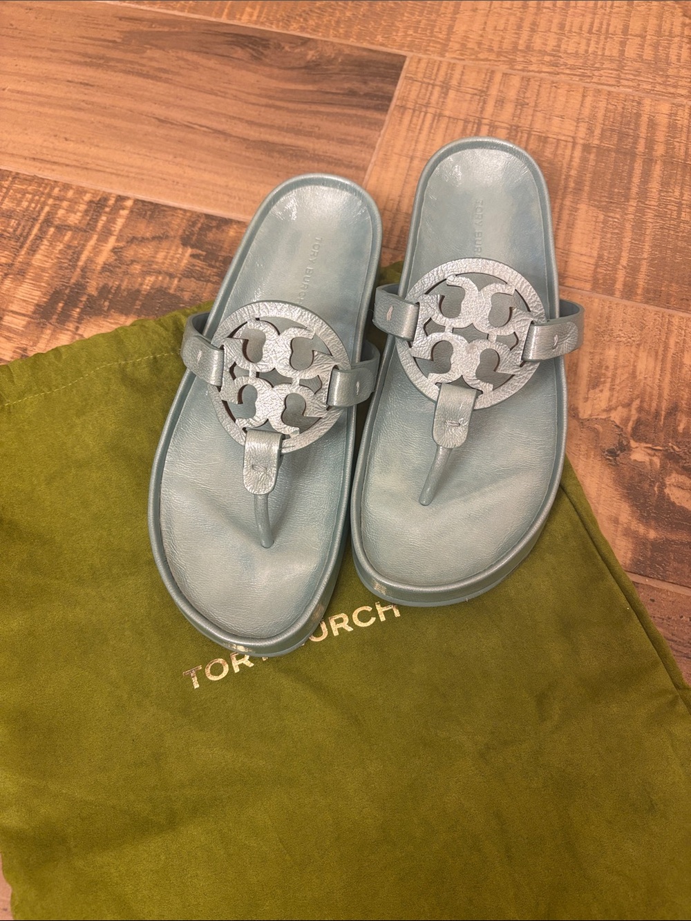 Tory Burch Light Blue Leather Logo Thong Sandals